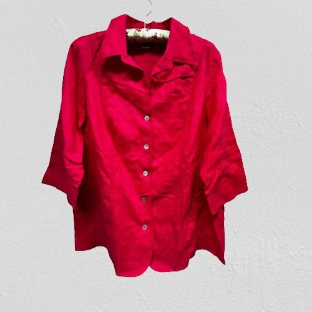 Edward Womens Plus Size 1X Red Button Up 3/4 Sleeve 100% Linen Casual Shirt Top